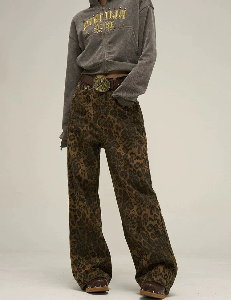 Low-Waist Leopard Print Jeans Pants