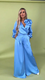 Elegant satin dress with long sleeves Blue Dresses