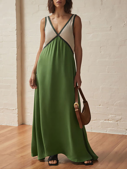 V-neck Contrasting Color Splicing Chic Dress Green Dresses