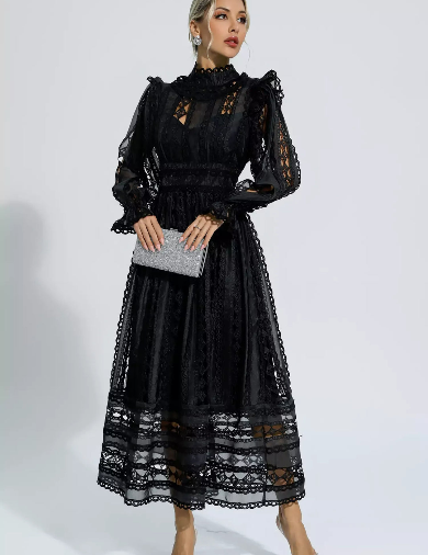 Mackenzie™ | Turtle Necked Lace Long Sleeved Dress Black Dresses