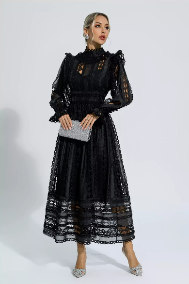 Mackenzie™ | Turtle Necked Lace Long Sleeved Dress Black Dresses