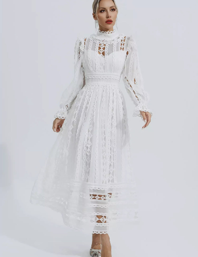 Mackenzie™ | Turtle Necked Lace Long Sleeved Dress White Dresses