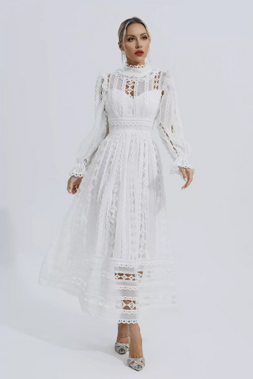 Mackenzie™ | Turtle Necked Lace Long Sleeved Dress White Dresses