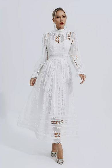 Mackenzie™ | Turtle Necked Lace Long Sleeved Dress White Dresses