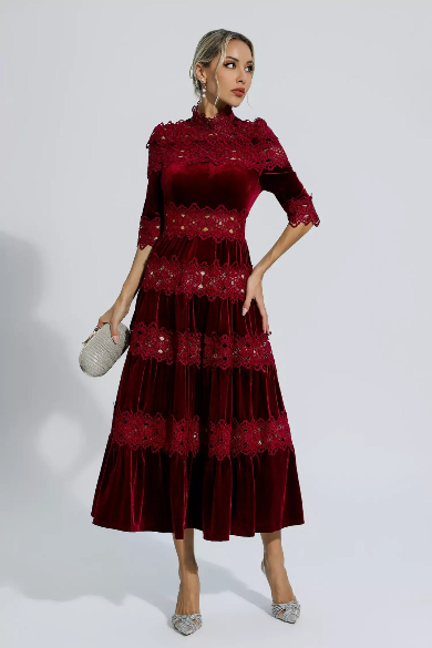 Noelle™ | Heavy Hollow Embroidery Thigh-Slimming Dress Claret Dresses