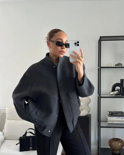 Women's Oversized Tweed Bomber Jacket Dark Gray Jacket