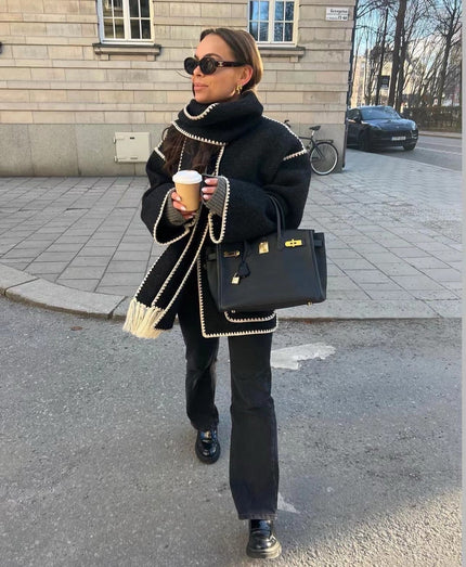 Elegant Wool Cape Jacket Black-white Cozy Wool Cape Jacket