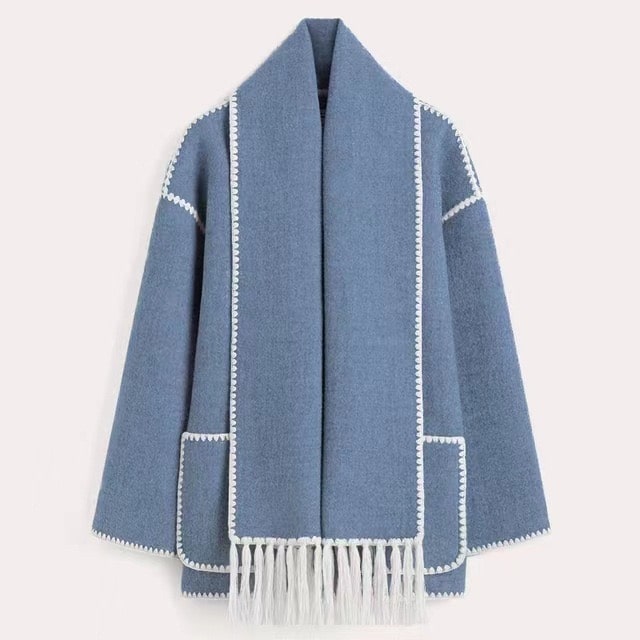 Elegant Wool Cape Jacket Blue Cozy Wool Cape Jacket