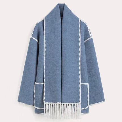 Elegant Wool Cape Jacket Blue Cozy Wool Cape Jacket