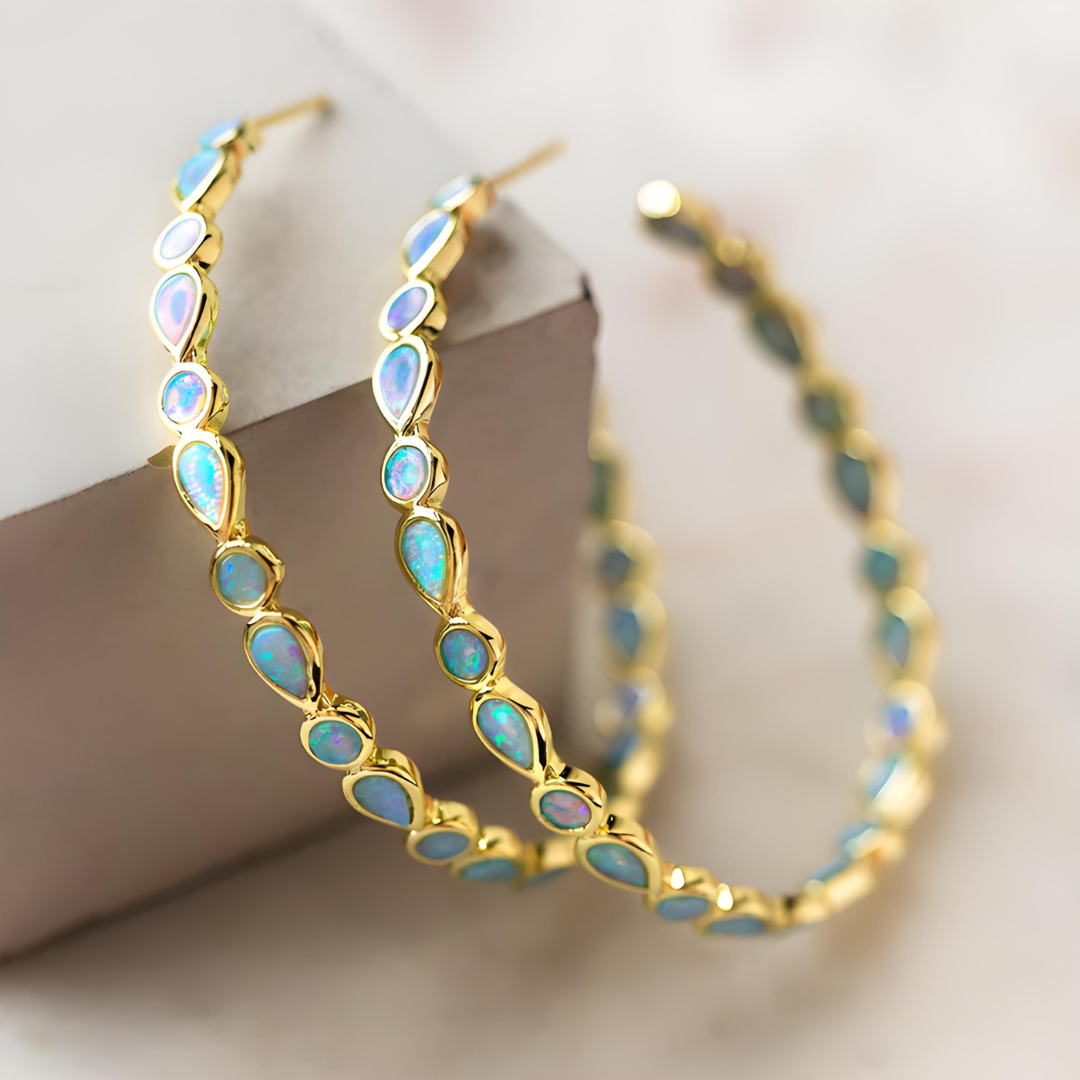 Donna- Vintage Blue and Opal Golden Hoop Earrings Jewellery Collection