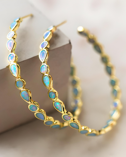 Donna- Vintage Blue and Opal Golden Hoop Earrings Jewellery Collection