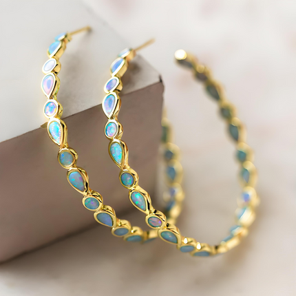 Donna- Vintage Blue and Opal Golden Hoop Earrings Jewellery Collection