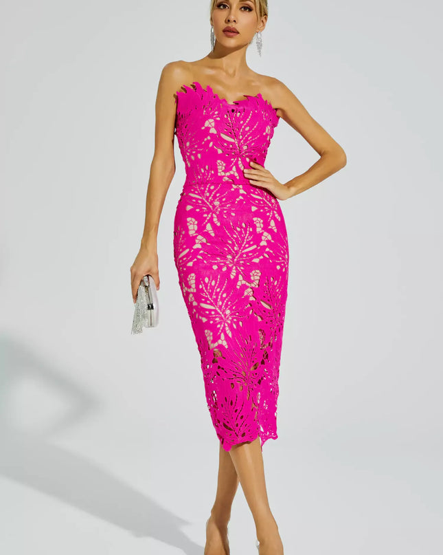 Aurora™ | Rose Red Floral Lace Midi Dress S Dress