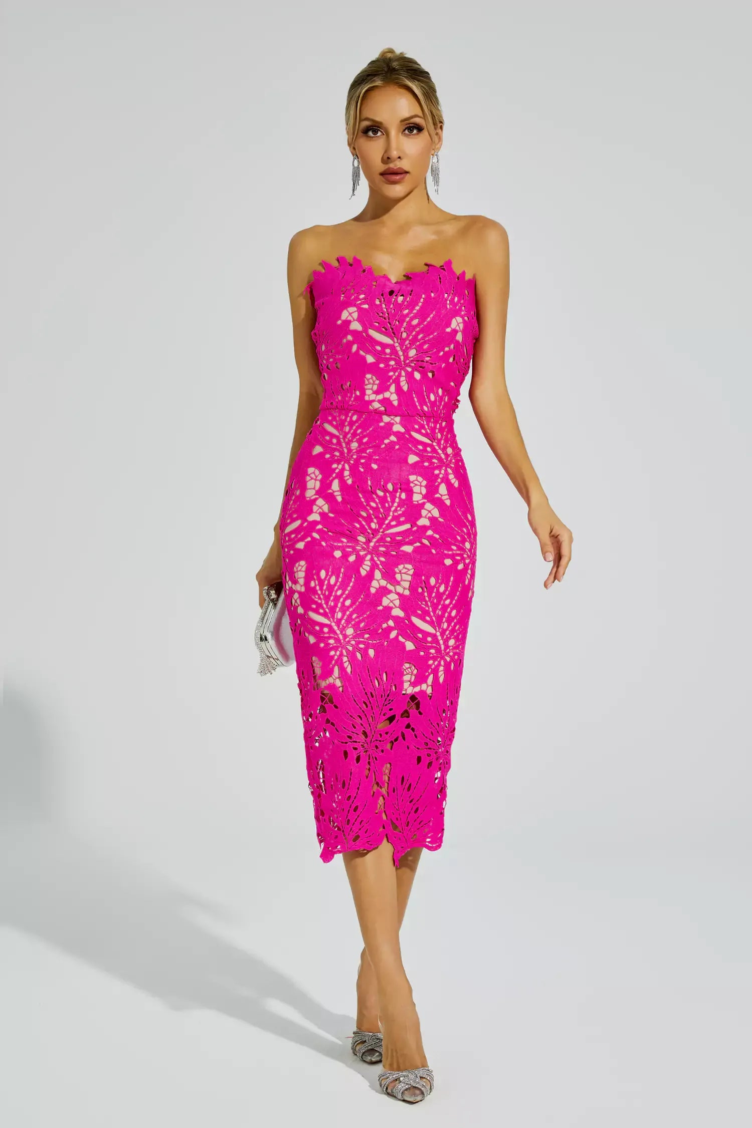Aurora™ | Rose Red Floral Lace Midi Dress L Dresses
