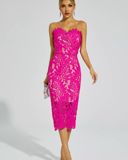 Aurora™ | Rose Red Floral Lace Midi Dress L Dresses