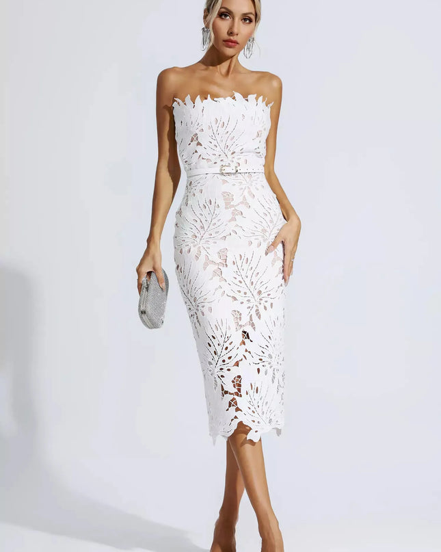 Greta™ | White Floral Lace Midi Dress Dresses