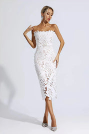 Greta™ | White Floral Lace Midi Dress S Dresses