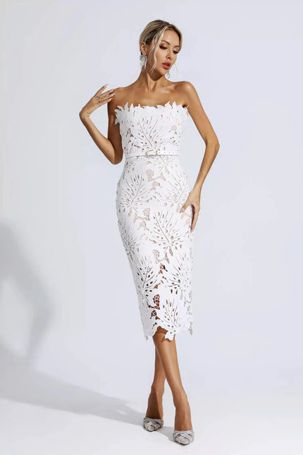 Greta™ | White Floral Lace Midi Dress S Dresses