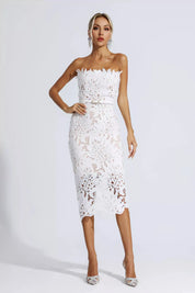 Greta™ | White Floral Lace Midi Dress L Dresses