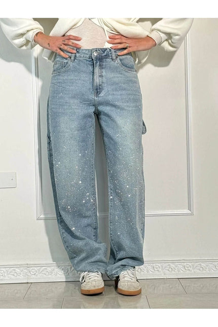 Celeste | Rhinestone Wide-Leg Jeans Light Blue Pants