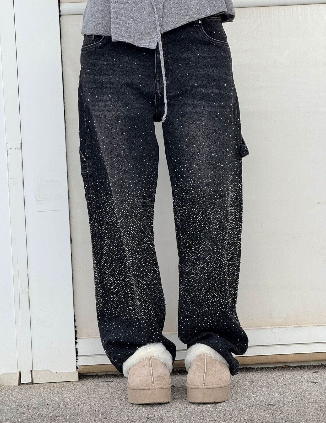 Celeste | Rhinestone Wide-Leg Jeans Black Pants