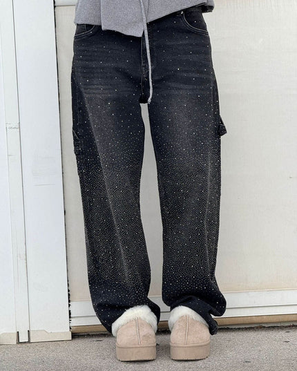Celeste | Rhinestone Wide-Leg Jeans Black Pants