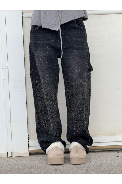 Celeste | Rhinestone Wide-Leg Jeans Black Pants