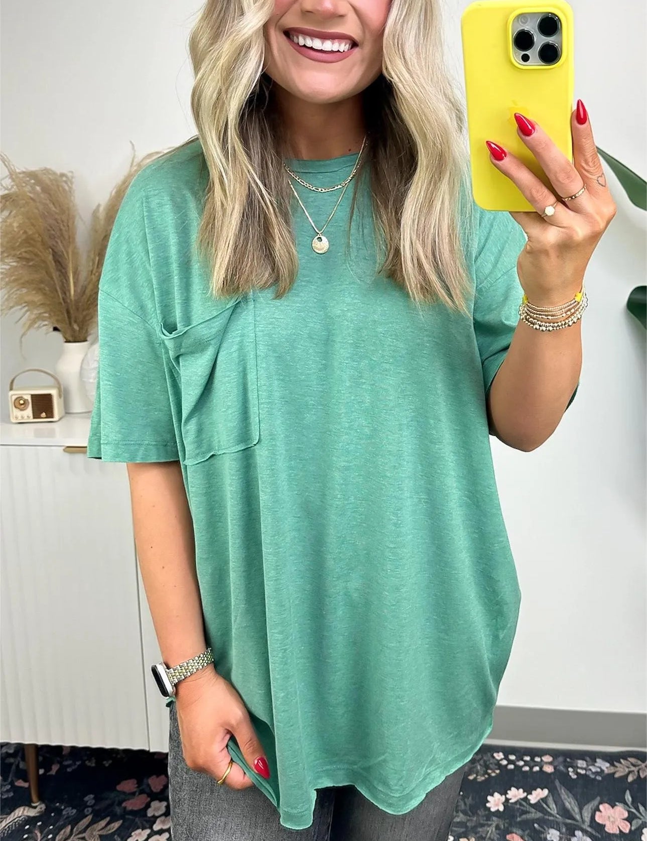 Janessa Boxy Raw Edge Tee – Oversized Top Green Top