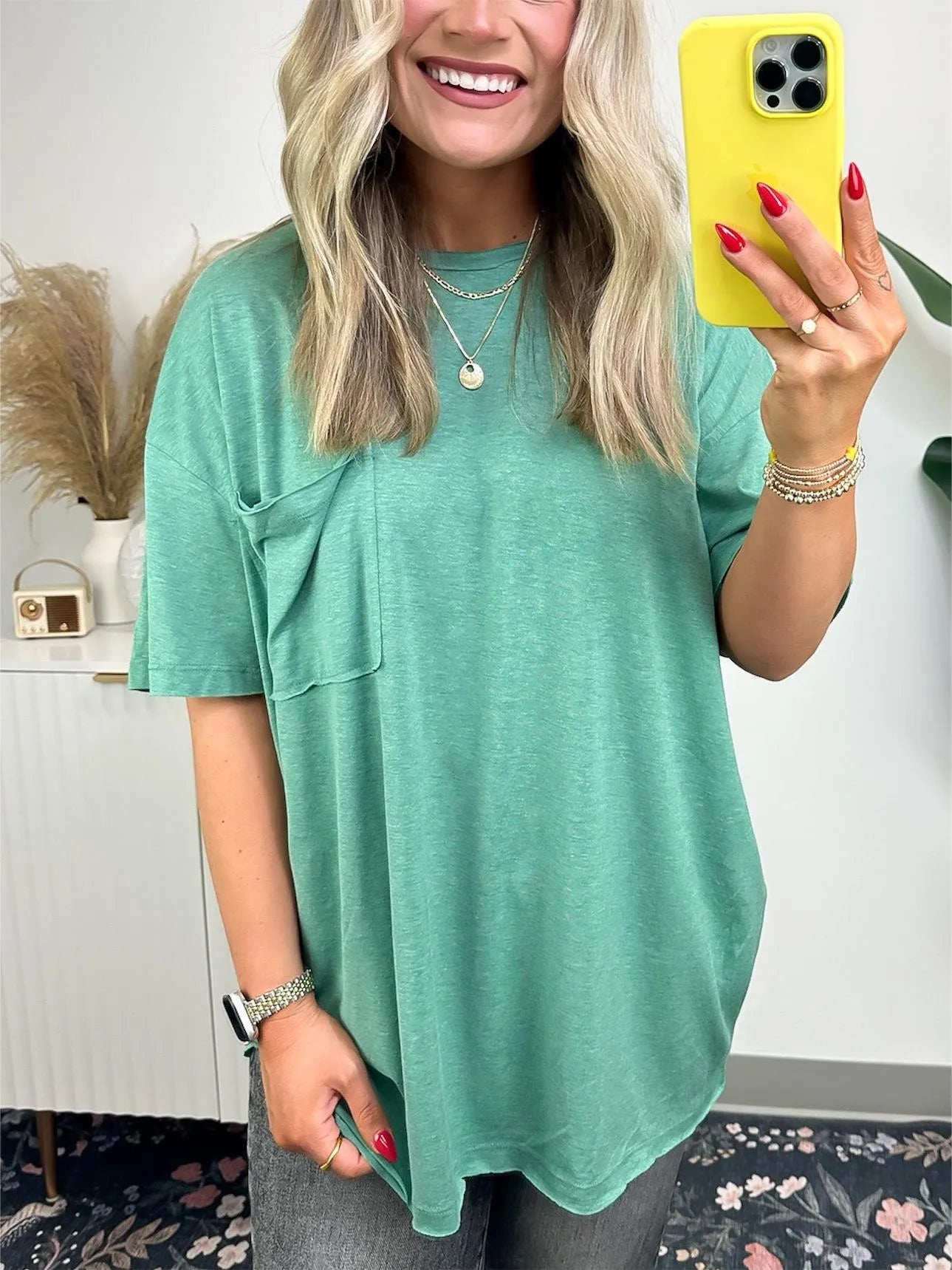 Janessa Boxy Raw Edge Tee – Oversized Top Green Top