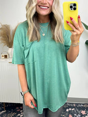 Janessa Boxy Raw Edge Tee – Oversized Top Green Top