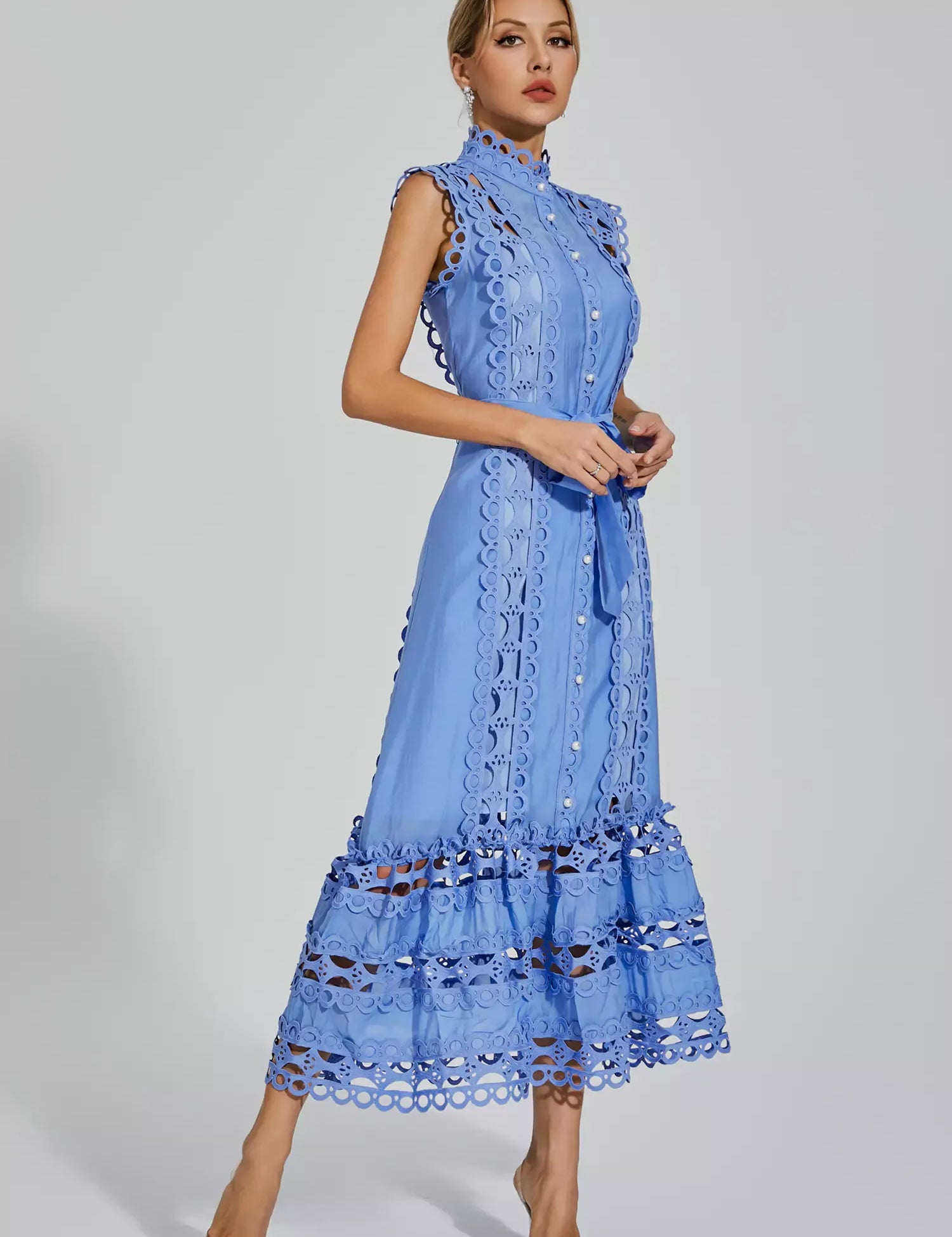 Nica™ | Blue Sleeveless Hollow Maxi Dress L Dresses