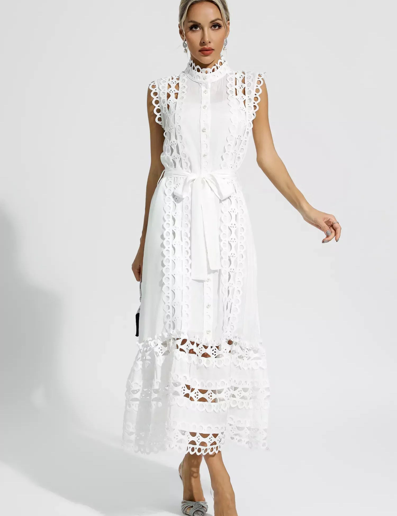 Pearl™ | White Sleeveless Hollow Maxi Dress L Dresses