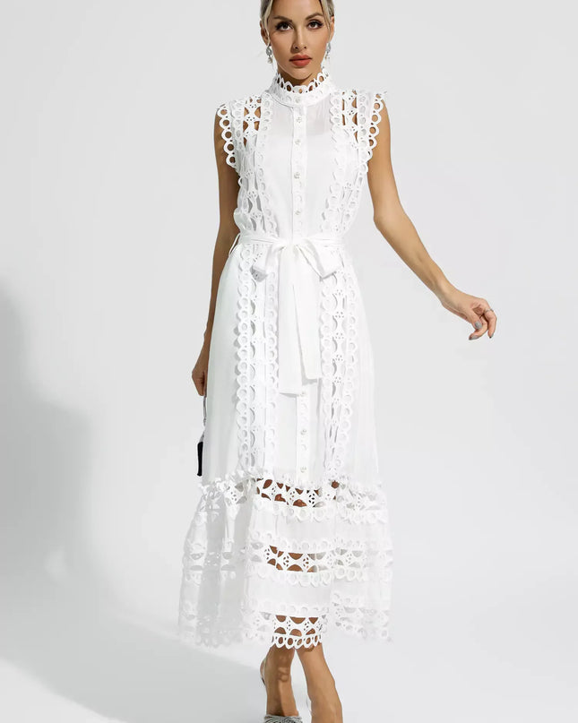 Pearl™ | White Sleeveless Hollow Maxi Dress L Dresses