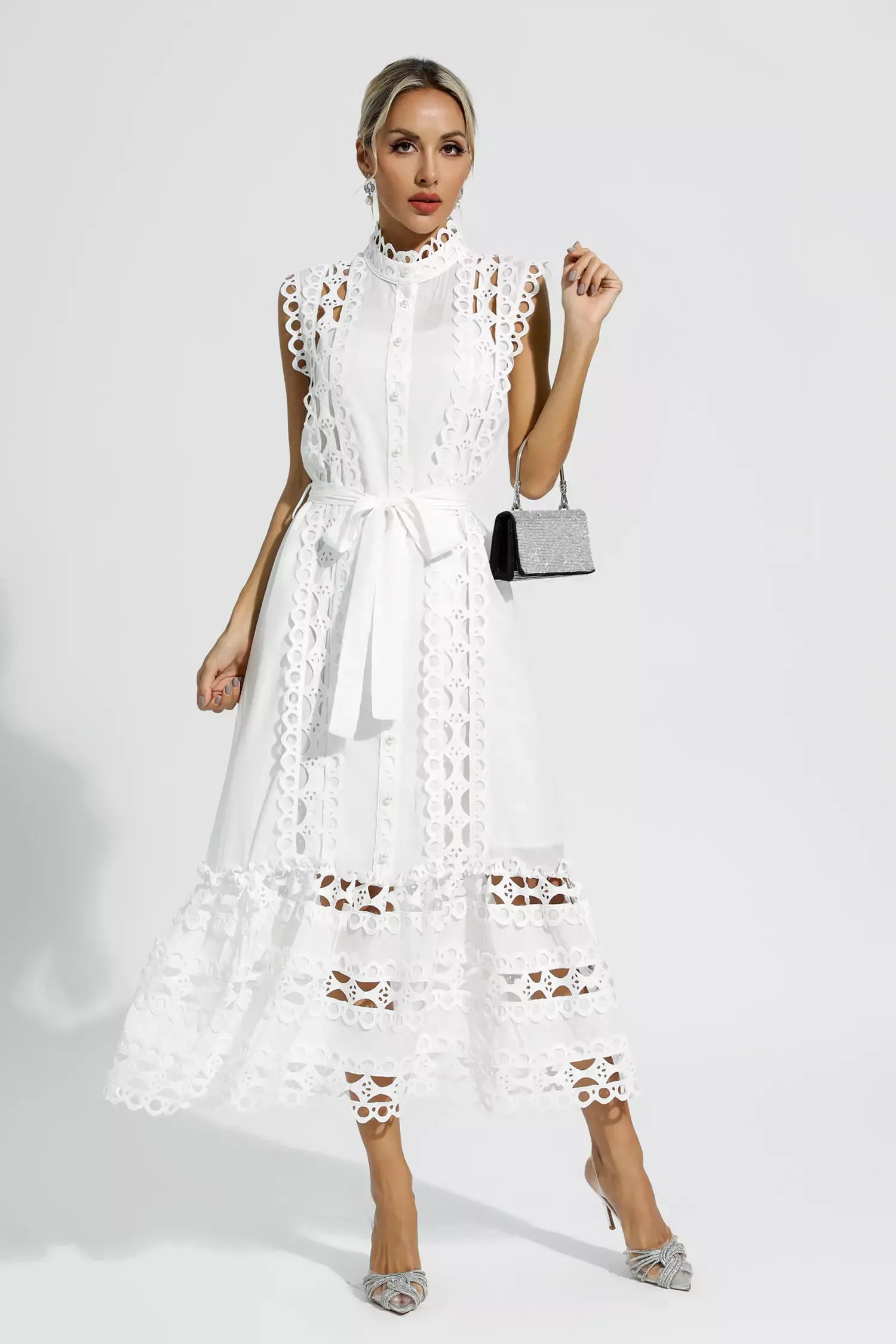 Pearl™ | White Sleeveless Hollow Maxi Dress S Dresses