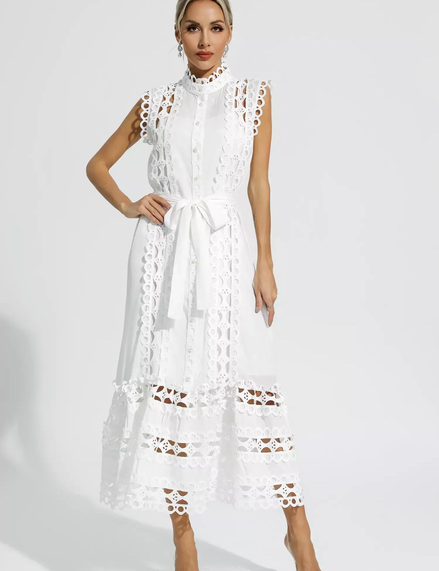 Pearl™ | White Sleeveless Hollow Maxi Dress Dresses
