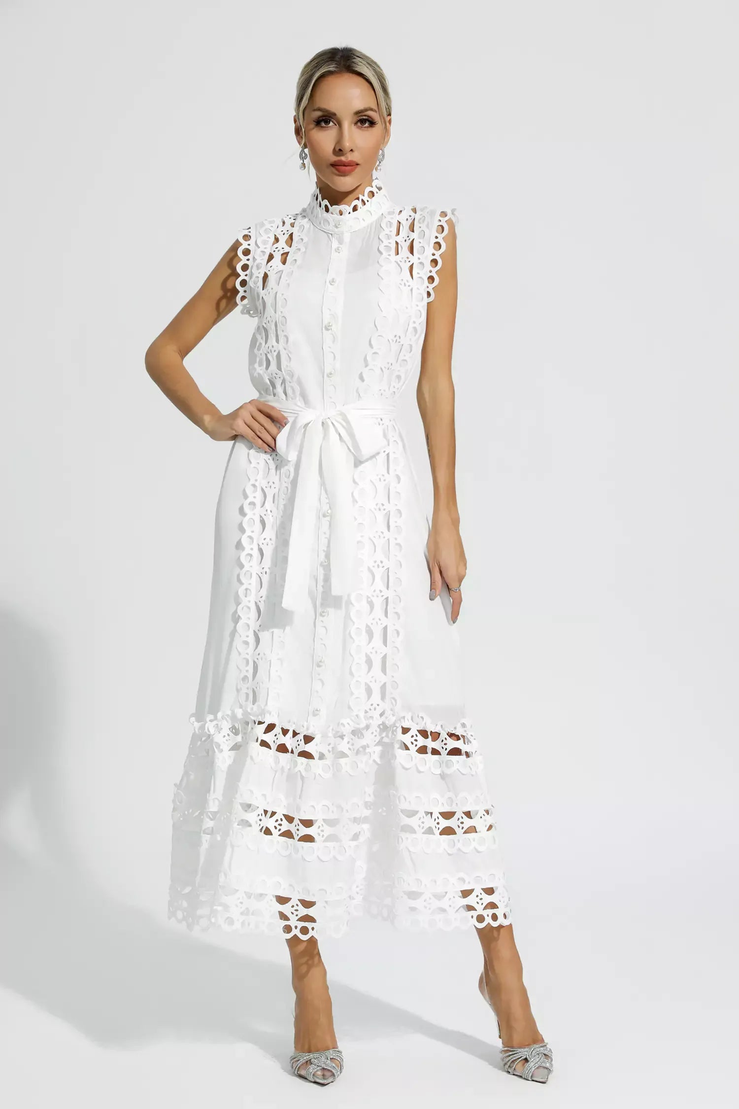 Pearl™ | White Sleeveless Hollow Maxi Dress Dresses