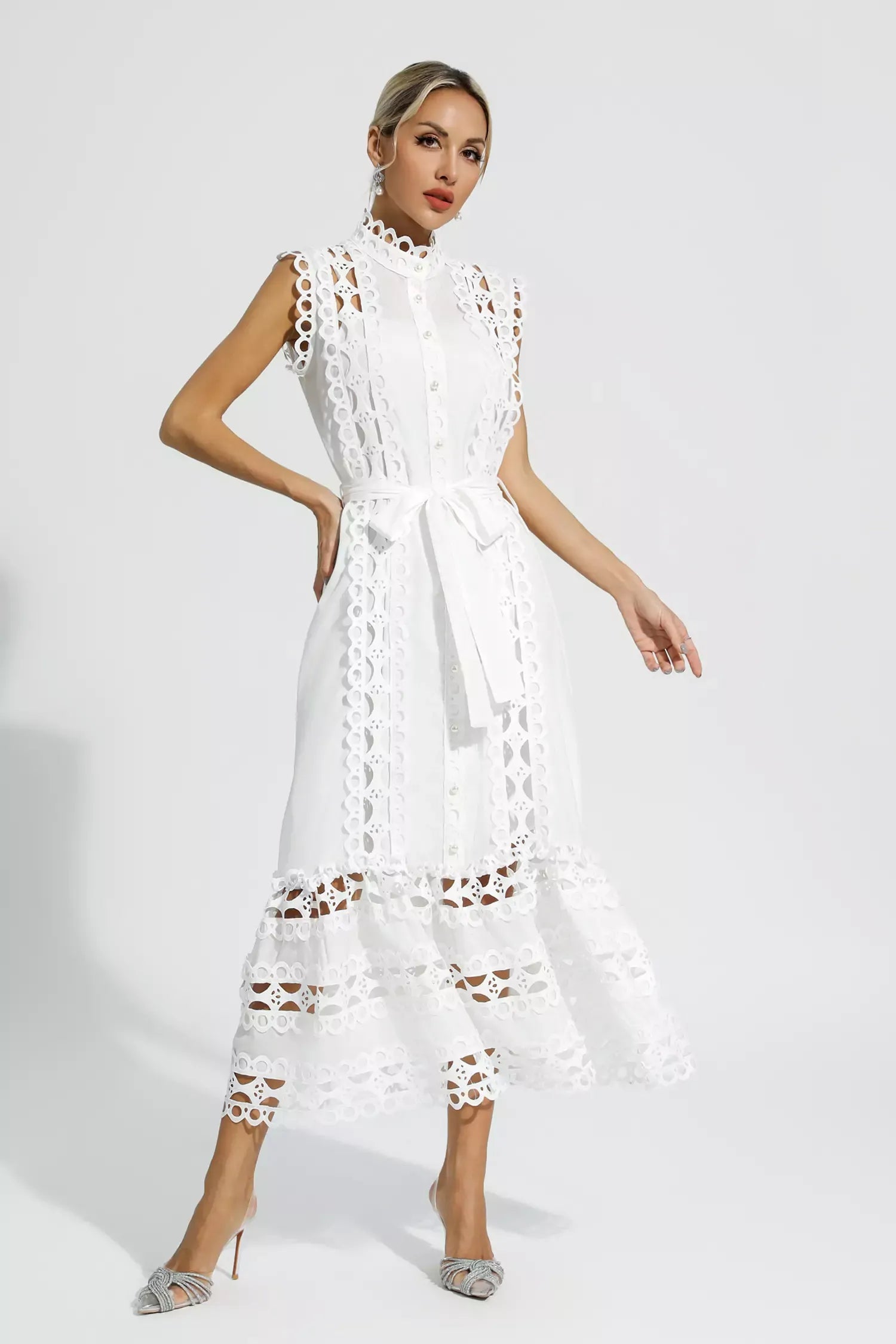 Pearl™ | White Sleeveless Hollow Maxi Dress M Dresses