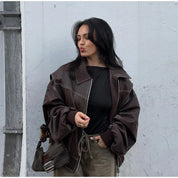 Lapel Zipper Leather Jacket Brown Leather Jacket
