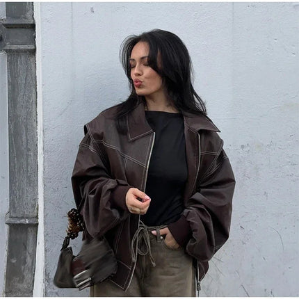 Lapel Zipper Leather Jacket Brown Leather Jacket