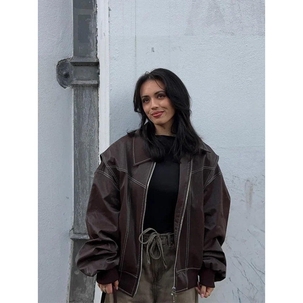Lapel Zipper Leather Jacket Leather Jacket