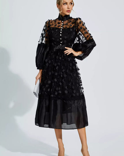 Giselle™ | Black Mesh Flower Midi Dress S Dress