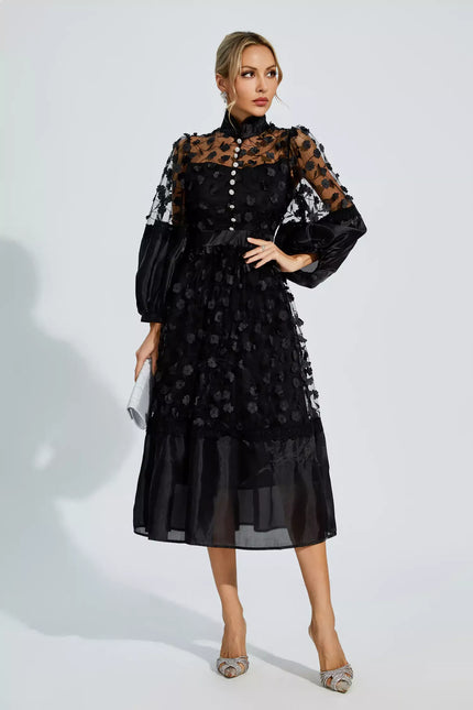 Giselle™ | Black Mesh Flower Midi Dress S Dress