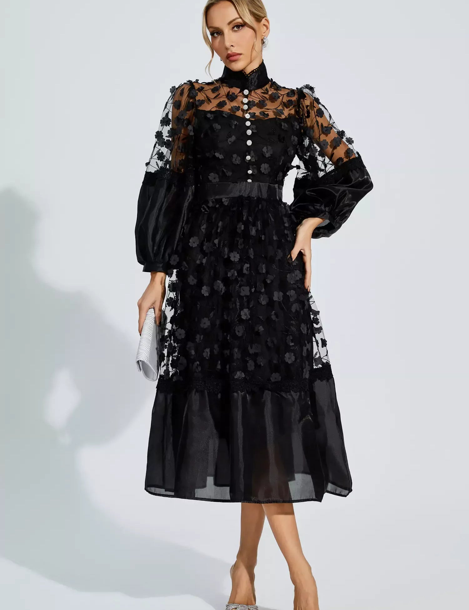 Giselle™ | Black Mesh Flower Midi Dress L Dress