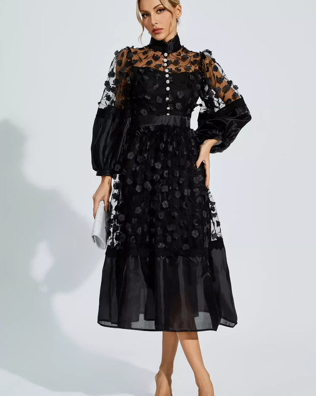 Giselle™ | Black Mesh Flower Midi Dress L Dress
