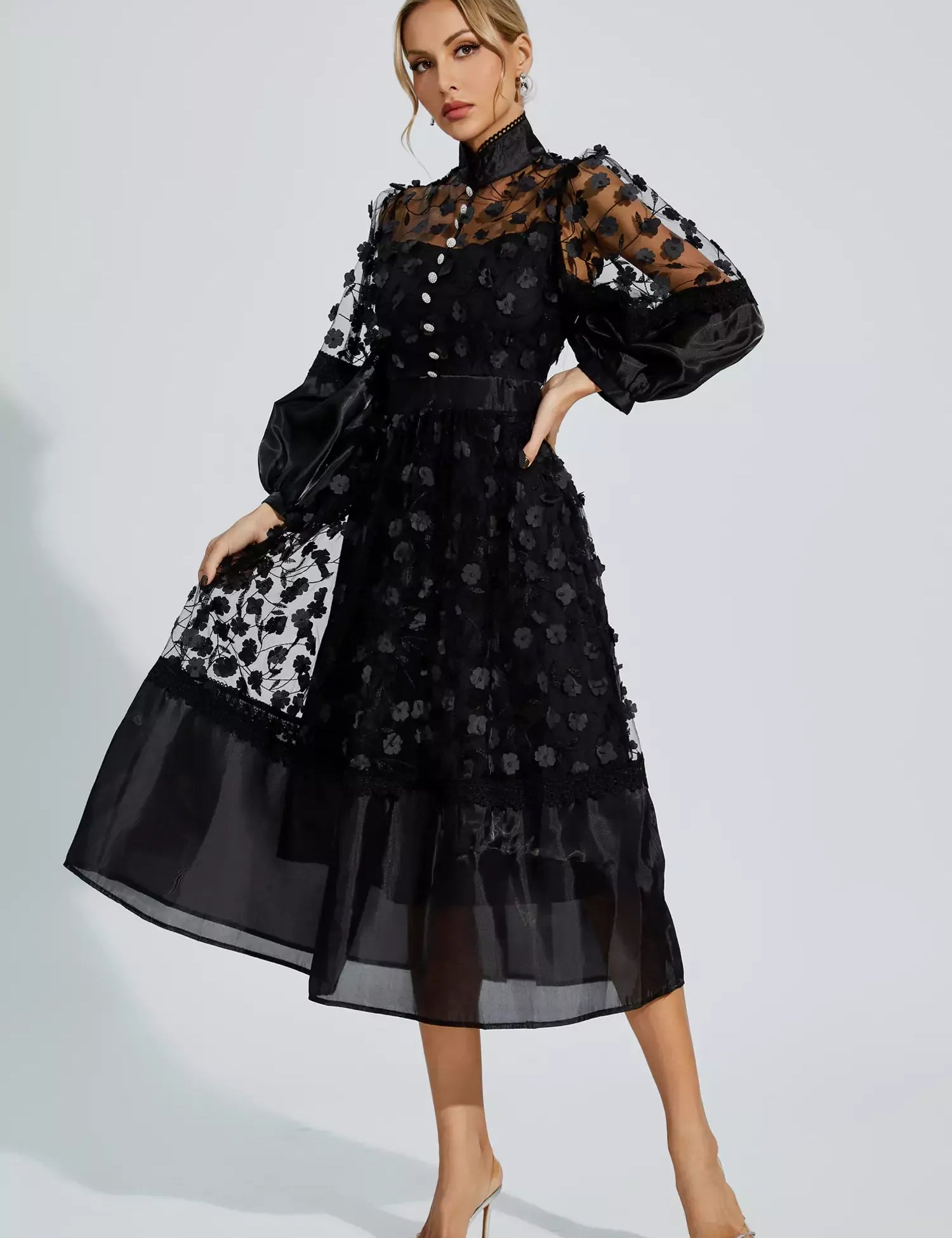 Giselle™ | Black Mesh Flower Midi Dress M Dress