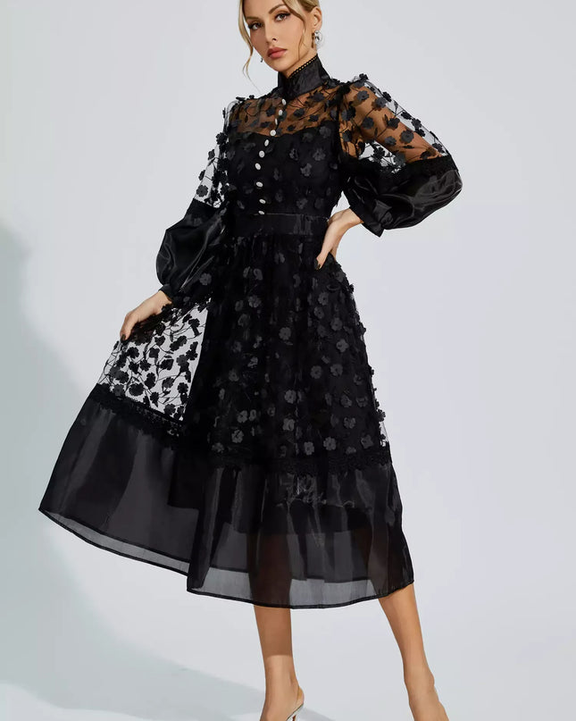 Giselle™ | Black Mesh Flower Midi Dress M Dress