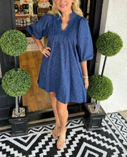 Lilette™ | Puff Sleeve Leaf Jacquard Mini Dress Dark Blue Dress