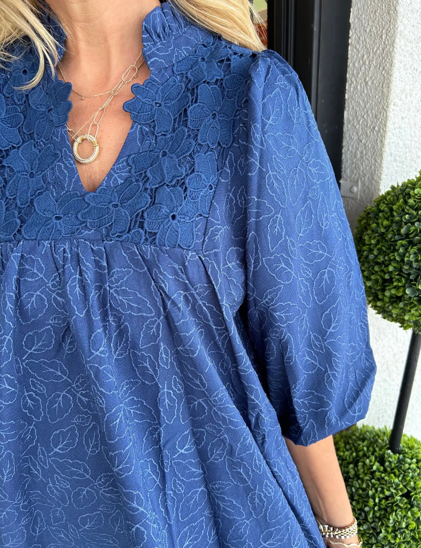 Lilette™ | Puff Sleeve Leaf Jacquard Mini Dress Dress