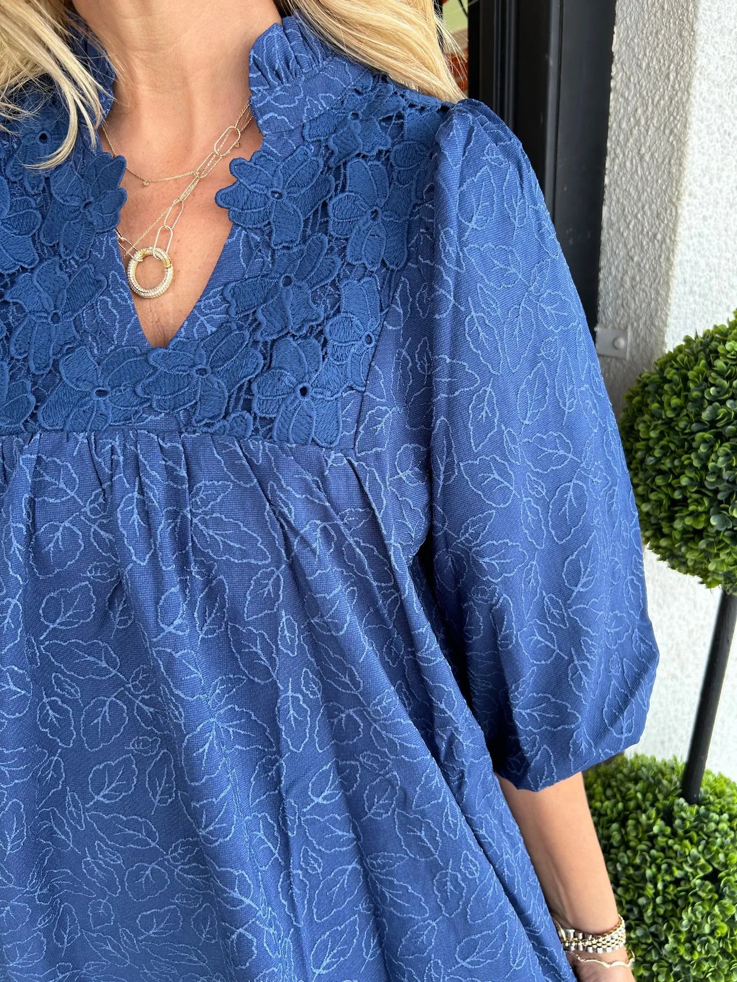Lilette™ | Puff Sleeve Leaf Jacquard Mini Dress Dress