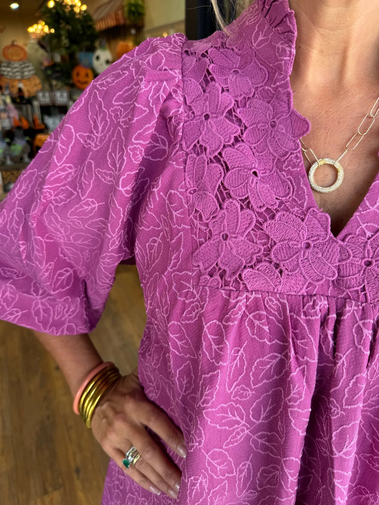 Lilette™ | Puff Sleeve Leaf Jacquard Mini Dress Dress